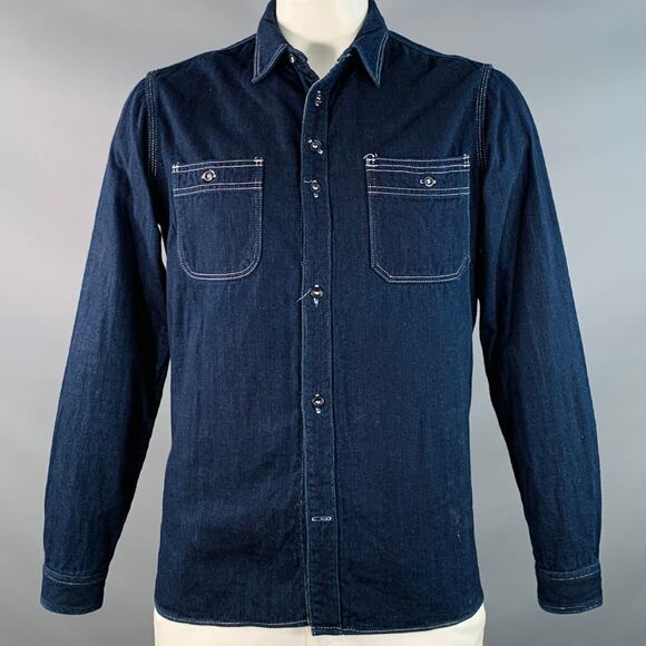 L Navy Indigo Twill Cotton Contrast Stitch Long Sleeve Shirt - Picture 1 of 8